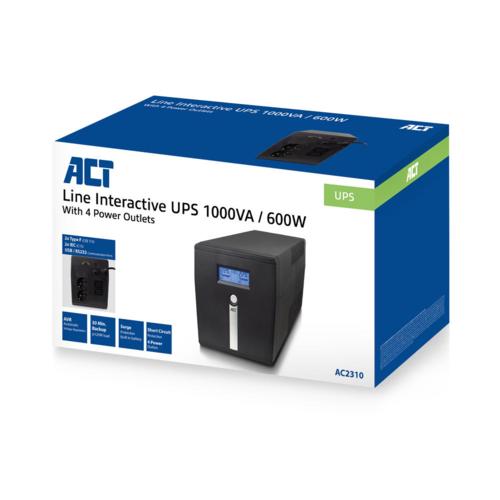 ACT Line-Interactive UPS AC2310 | 1000 VA Vermogen | 4 Uitgangen | Spanningstabilisatie met AVR | Beveiliging bij Netstoringen