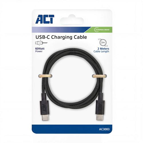 ACT AC3083 | USB 2.0 Kabel | USB-C naar USB-C | 60W | 480Mbps | Zwart | 2 Meter