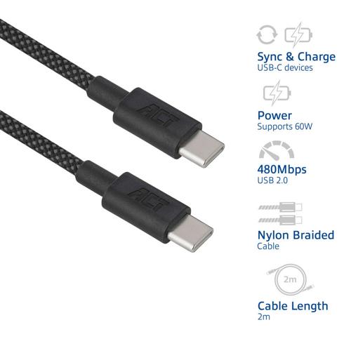 ACT AC3083 | USB 2.0 Kabel | USB-C naar USB-C | 60W | 480Mbps | Zwart | 2 Meter