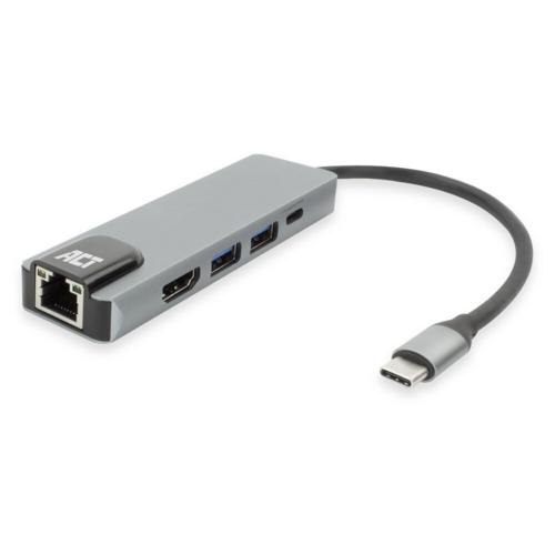ACT AC7091 | USB-C 4K Docking Station | HDMI 2.0 (4K@60 Hz) + Gigabit Ethernet + 2× USB-A + USB-C PD Pass-Through | Aluminium | Grijs/Zilver
