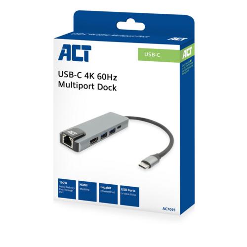 ACT AC7091 | USB-C 4K Docking Station | HDMI 2.0 (4K@60 Hz) + Gigabit Ethernet + 2× USB-A + USB-C PD Pass-Through | Aluminium | Grijs/Zilver