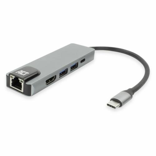 ACT AC7091 | USB-C 4K Docking Station | HDMI 2.0 (4K@60 Hz) + Gigabit Ethernet + 2× USB-A + USB-C PD Pass-Through | Aluminium | Grijs/Zilver