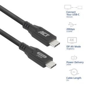 ACT | USB4 Kabel | 20Gbps | 240W | USB-C naar USB-C | 2m | Zwart